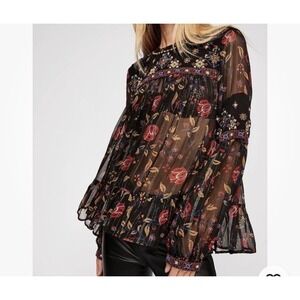 Free People Beaded Blouse Boho Sheer Chiffon Metallic Detail Ruffle Hem Sz M